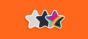 uma estrela cinza, uma preta e outra colorida em fundo laranja