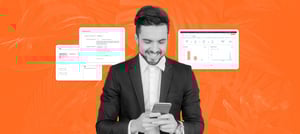 Homem usando celular com gráficos do HubSpot ao fundo, simbolizando como anunciar no Instagram e monitorar resultados de campanhas.
