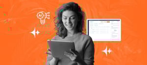 Mulher utilizando tablet com ícones de IA e dashboard ao fundo, representando como empresas inovadoras aplicam inteligência artificial para transformar resultados.