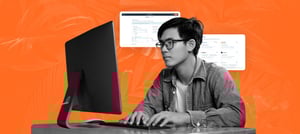 Profissional utilizando um CRM no computador, com telas de integração ao fundo, representando como a integração de CRM facilita processos complexos. Tropical Hub - HubSpot