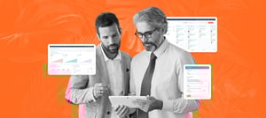 Dois profissionais analisando dados em um tablet, com gráficos e painéis do HubSpot ao fundo, representando a eficiência da integração de CRM e gestão digital. Tropical Hub - HubSpot