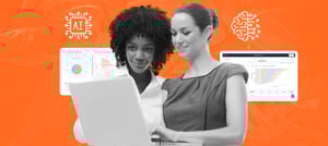 Imagem com dashboards de HubSpot ao fundo e duas profissionais analisando os impactos da inteligência artificial em um notebook - Tropical Hub