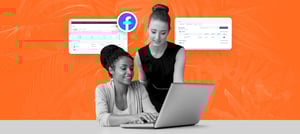 Mulheres usando um notebook para analisarem a integração entre Facebook Lead Ads e o CRM HubSpot. Ao fundo da imagem é possível ver dashboards de HubSpot com essa integração. - Tropical Hub
