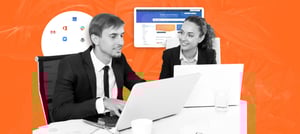 Profissionais pesquisando as melhores integrações para marketing HubSpot. Ao fundo da imagem, é possível ver ícones de plataformas com as quais HubSpot pode realizar integrações. - Tropical Hub