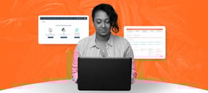 Mulher usando um notebook para conferir as melhores práticas na realização de uma migração de dados de CRM. Ao fundo da imagem é possível ver imagens de dashboards de HubSpot. Tropical Hub