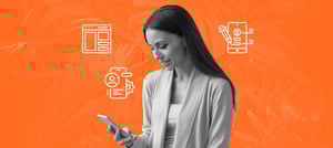 Mulher sorrindo enquanto usa um smartphone, com ícones representando automação e design de aplicativos móveis ao fundo, simbolizando o uso de ferramentas de mobile marketing. Tropical Hub - HubSpot