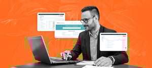 Profissional analisa informações em um laptop, com painéis digitais ao fundo representando uma Base de Conhecimento otimizada para melhorar o autoatendimento e a experiência do cliente. Tropical Hub - HubSpot.