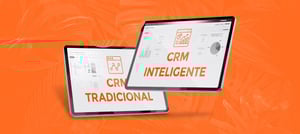 Comparativo entre CRM tradicional e CRM inteligente com dashboards em tablets, destacando o papel da automação de marketing na análise de dados e tomada de decisão. Tropical Hub - HubSpot