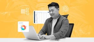 Tropical HUb: Homem trabalhando em um notebook com elementos visuais flutuantes de análise de dados, IA e organização de arquivos