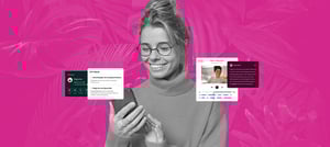 Tropical Hub: Mulher usando smartphone e notebook enquanto ícones tecnológicos aparecem conectados entre si, representando transformação digital, integração de processos e uso de IA.