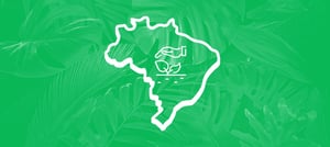 Mapa do Brasil com ícone de mão cuidando de planta, simbolizando apoio a causas socioambientais no país. Tropical Hub - HubSpot