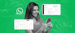 Mulher sorrindo enquanto usa o celular, com ícone do WhatsApp e telas de sistema ao fundo, representando a Automação WhatsApp para atendimento e comunicação eficiente com clientes. Tropical Hub - HubSpot
