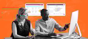 Dois profissionais analisando dados em tela de computador com dashboards ao fundo, representando o uso de uma plataforma transformacional para tomada de decisões estratégicas e crescimento dos negócios. Tropical Hub - HubSpot