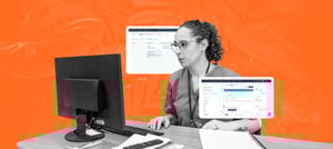 Mulher trabalhando na integração de sistemas de saúde através do computador e com auxílio do CRM HubSpot. Tropical Hub - HubSpot