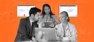 Profissionais de saúde e negócios analisando dados em um notebook e tablet, com dashboards digitais ao fundo, representando o uso da tecnologia na saúde para decisões estratégicas. Tropical Hub - HubSpot