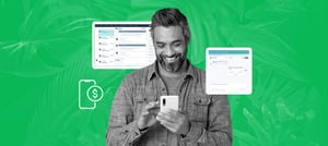 Homem sorrindo enquanto usa o celular, com telas de HubSpot e WhatsApp ao fundo, ilustrando estratégias práticas sobre como vender pelo WhatsApp de forma eficiente. Tropical Hub - HubSpot