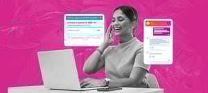 Profissional sorridente em videoconferência usando notebook, com gráficos de desempenho ao fundo, representando atendimento ao cliente eficiente e digital. Tropical Hub - HubSpot