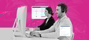 Profissionais de atendimento ao cliente usando headsets e computadores, com telas do HubSpot ao fundo, representando a automação e gestão da experiência do cliente. Tropical Hub - HubSpot