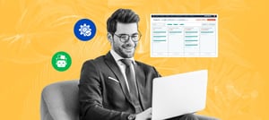 Profissional sorrindo enquanto trabalha em um laptop, com ícones representando automação e inteligência artificial, simbolizando inovação e o futuro digital no ambiente corporativo. Tropical Hub - HubSpot