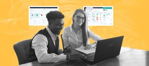 Dupla de profissionais analisando dados em um laptop, com painéis do HubSpot CRM ao fundo, representando automação e inteligência no marketing e vendas. Tropical Hub - HubSpot