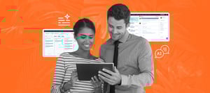 Dois profissionais analisando dados em um tablet, com plataformas digitais ao fundo, destacando o uso da IA generativa no gerenciamento de processos. Tropical Hub - HubSpot