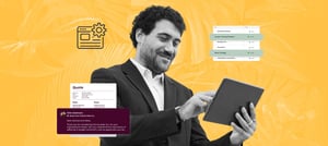 Homem sorrindo enquanto utiliza um tablet, sobre um fundo amarelo com ilustrações de folhas. Ao redor dele aparecem elementos gráficos relacionados a vendas e CPQ, como uma cotação, uma mensagem de e-mail e uma lista de pacotes e produtos configuráveis