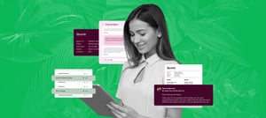 Mulher sorrindo enquanto utiliza um tablet, em frente a um fundo verde com folhas. Ao redor dela aparecem elementos gráficos de um sistema de vendas e CPQ, incluindo cotações, mensagens de atendimento, pacotes de produtos e comunicação com clientes.