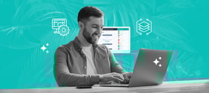 Homem trabalhando no notebook com ícones de automação e fluxos digitais ao fundo, simbolizando hiperautomação em CRM.