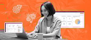 Tropical Hub: Profissional trabalhando no laptop com dashboards e gráficos ao fundo, representando automação inteligente aplicada à análise de dados, processos e decisões orientadas por IA.