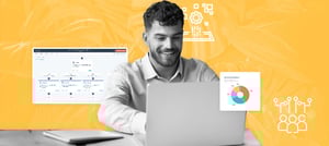 Profissional analisando dados no laptop com dashboards e gráficos ao fundo, representando automaçõles de processos, uso de dados e eficiência operacional em um ambiente corporativo digital.