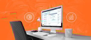 Dashboard de CRM moderno em tela de computador, representando o uso do CRM ideal para a indústria além do ERP, com ícones de tecnologia e performance ao fundo.